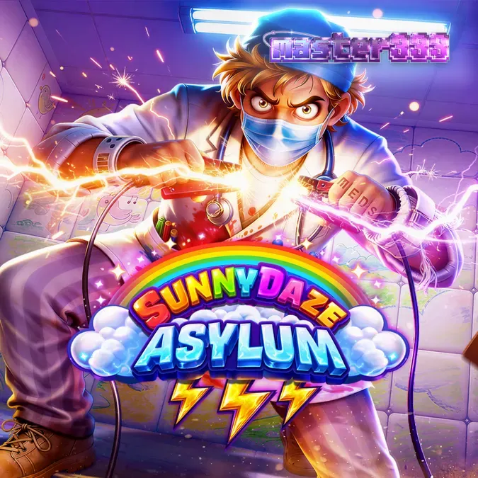 Tampilan visual slot Sunnydaze Asylum dengan tema rumah sakit jiwa yang artistik